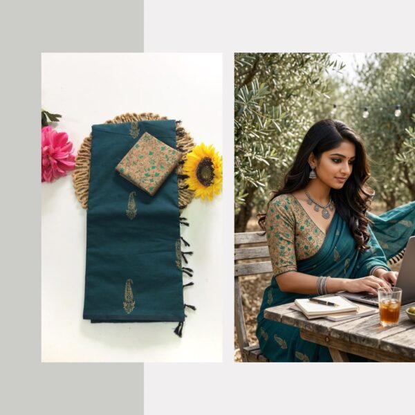 Blended South Cotton printed sarees with contrasting blouse PCDB076