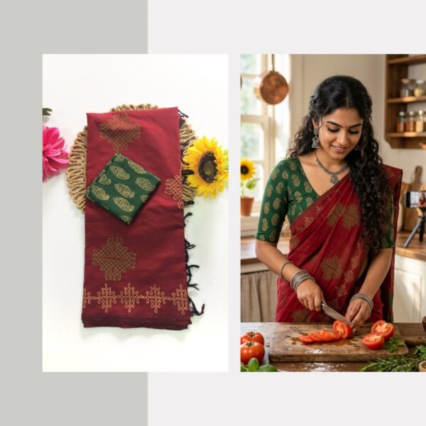 Blended South Cotton printed sarees with contrasting blouse PCDB077