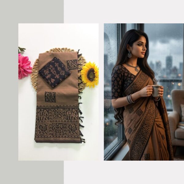 Blended South Cotton printed sarees with contrasting blouse PCDB078