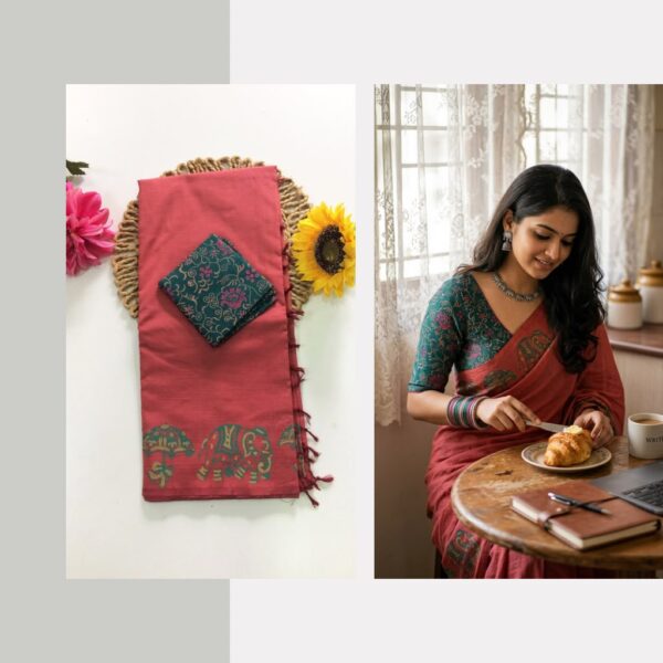 Blended South Cotton printed sarees with contrasting blouse PCDB079