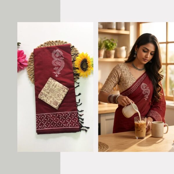 Blended South Cotton printed sarees with contrasting blouse PCDB080