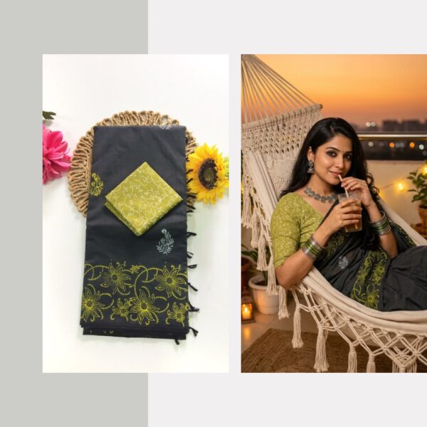 Blended South Cotton printed sarees with contrasting blouse PCDB081