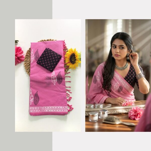 Blended South Cotton printed sarees with contrasting blouse PCDB082