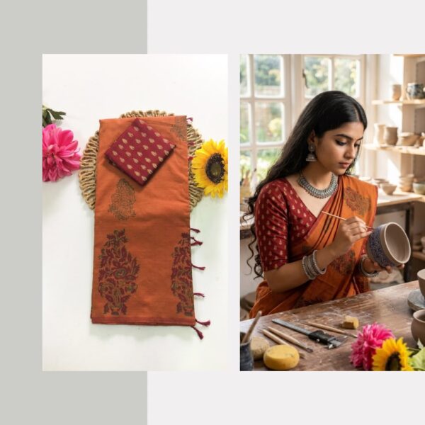 Blended South Cotton printed sarees with contrasting blouse PCDB083