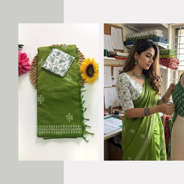 Blended South Cotton printed sarees with contrasting blouse PCDB084