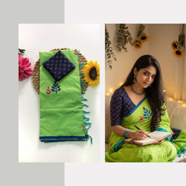 Blended South Cotton printed sarees with contrasting blouse PCDB085