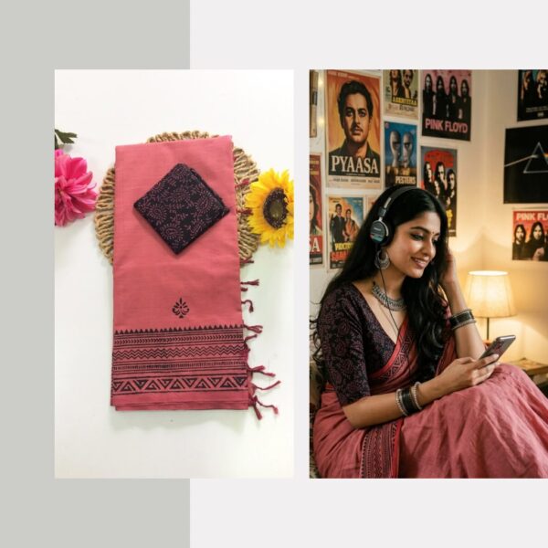 Blended South Cotton printed sarees with contrasting blouse PCDB087